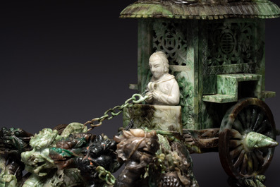 A Chinese jade group of an imperial carriage with mythical beasts and a large three-legged toad, 20th C.