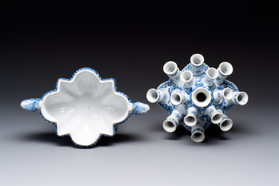 A rare and important blue and white Dutch Delft two-part tulip vase, late 17th C.