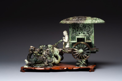 A Chinese jade group of an imperial carriage with mythical beasts and a large three-legged toad, 20th C.