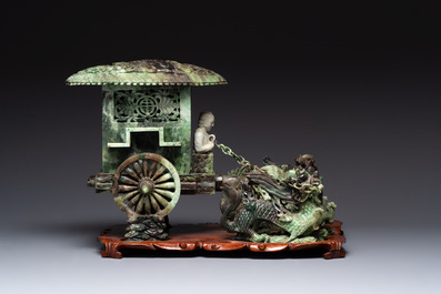 A Chinese jade group of an imperial carriage with mythical beasts and a large three-legged toad, 20th C.