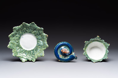 A rare polychrome Dutch Delft pike tureen and cover on stand, 18th C.