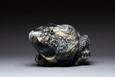 A Chinese jade group of an imperial carriage with mythical beasts and a large three-legged toad, 20th C.