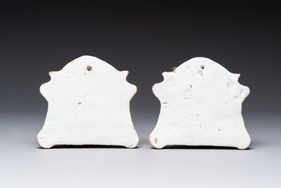 A fine pair of polychrome Dutch Delft 'theater' plaques, 18th C.