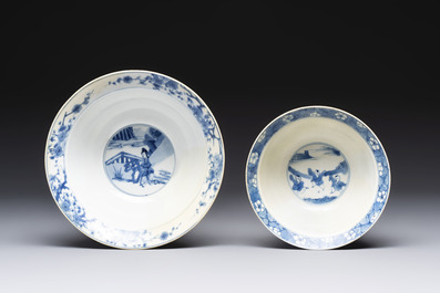 Two Chinese blue and white 'klapmuts' bowls with narrative design, Kangxi