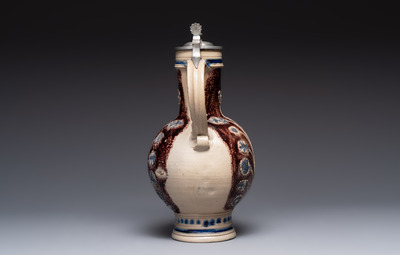 A Westerwald pewter-mounted stoneware jug, Germany, dated 1685