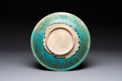 A turquoise-glazed calligraphic dish and a bowl, Kashan, 13/14th C.