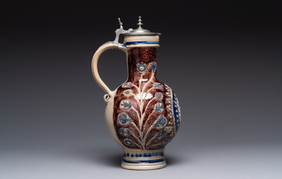 A Westerwald pewter-mounted stoneware jug, Germany, dated 1685