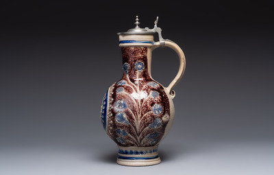 A Westerwald pewter-mounted stoneware jug, Germany, dated 1685