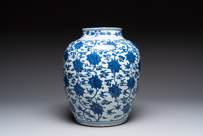 A Chinese blue and white 'lotus scroll' vase, Jiajing/Wanli