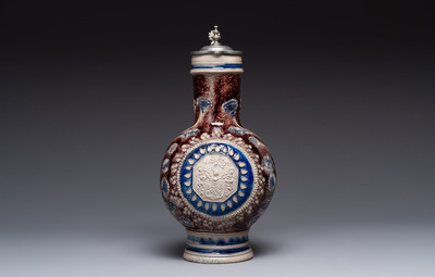 A Westerwald pewter-mounted stoneware jug, Germany, dated 1685