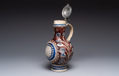 A Westerwald pewter-mounted stoneware jug, Germany, dated 1685