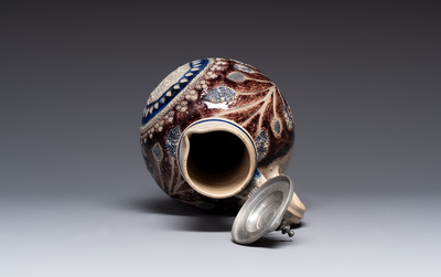 A Westerwald pewter-mounted stoneware jug, Germany, dated 1685