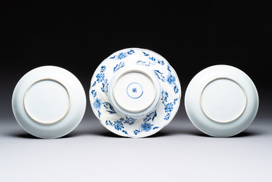A Chinese blue and white 'phoenix and monkeys' dish and a pair of powder-blue-ground plates, Kangxi/Yongzheng