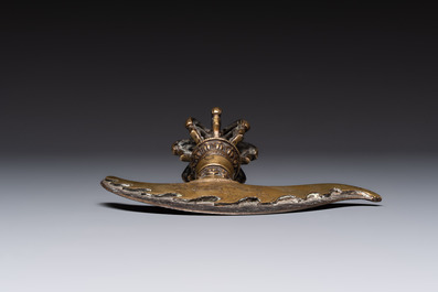 A Tibetan brass and iron kartika with incised dragon design, 19th C.