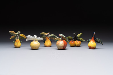 A collection of six polychrome Dutch Delft hanging fruits, 18th C.