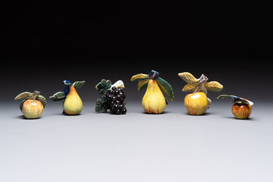 A collection of six polychrome Dutch Delft hanging fruits, 18th C.