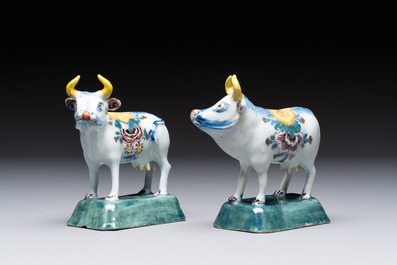 A pair of polychrome Dutch Delft cows, 18th C.