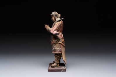 A Chinese polychrome lacquered wooden sculpture of Weituo, 17/18th C.