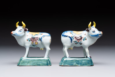 A pair of polychrome Dutch Delft cows, 18th C.