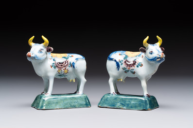 A pair of polychrome Dutch Delft cows, 18th C.