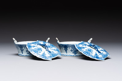 A pair of blue and white Dutch Delft butter tubs and covers, 18th C.