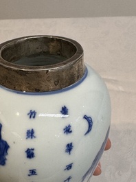 A Chinese silver-mounted blue and white vase, Qing Wan Ya Zhi 清玩雅製 mark, Kangxi