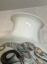 A Chinese iron-red-decorated grisaille '18 Luohan' vase, Qianlong mark, dated 1993