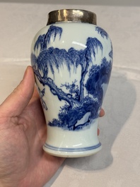 A Chinese silver-mounted blue and white vase, Qing Wan Ya Zhi 清玩雅製 mark, Kangxi