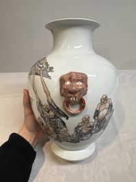 A Chinese iron-red-decorated grisaille '18 Luohan' vase, Qianlong mark, dated 1993