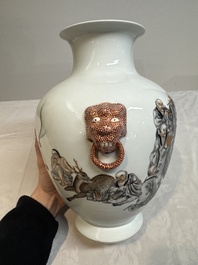 A Chinese iron-red-decorated grisaille '18 Luohan' vase, Qianlong mark, dated 1993
