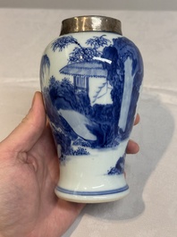 A Chinese silver-mounted blue and white vase, Qing Wan Ya Zhi 清玩雅製 mark, Kangxi