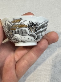 A set of four Chinese gilt-decorated grisaille 'landscape' cups and saucers, Yongzheng/Qianlong
