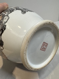 A Chinese iron-red-decorated grisaille '18 Luohan' vase, Qianlong mark, dated 1993