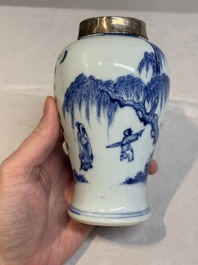 A Chinese silver-mounted blue and white vase, Qing Wan Ya Zhi 清玩雅製 mark, Kangxi