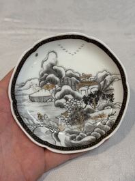 A set of four Chinese gilt-decorated grisaille 'landscape' cups and saucers, Yongzheng/Qianlong