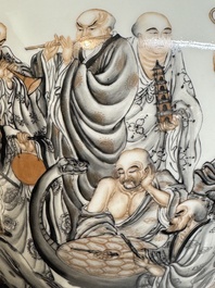 A Chinese iron-red-decorated grisaille '18 Luohan' vase, Qianlong mark, dated 1993