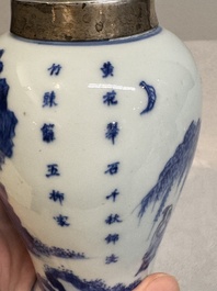 A Chinese silver-mounted blue and white vase, Qing Wan Ya Zhi 清玩雅製 mark, Kangxi