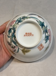 A Chinese famille rose 'geese' bowl, signed Liu Zhongqing 劉仲卿, Jingdezheng mark, 20th C.