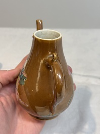 A Chinese famille rose capucin-brown-ground 'Magu' ewer and cover, Yongzheng/Qianlong
