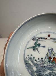 A Chinese doucai 'shoulao' plate, Chenghua mark, Yongzheng