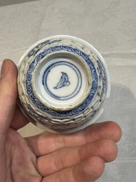 A pair of Chinese blue and white salts and a reticulated double-walled cup, Kangxi