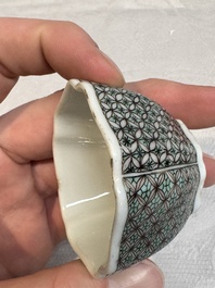Two small Chinese famille verte handled cups with 'prunus on cracked ice' and 'shou' design, Kangxi
