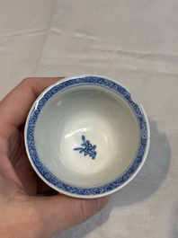 A pair of Chinese blue and white salts and a reticulated double-walled cup, Kangxi