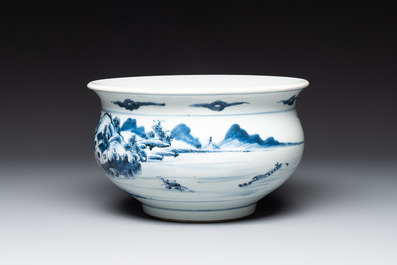 A Chinese blue and white 'river landscape' censer, 18th C.