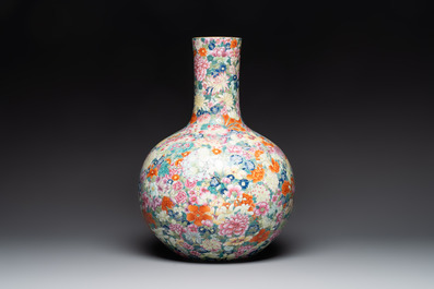 A large Chinese famille rose 'millefleurs' 'tianqiuping' vase, Qianlong mark, 20th C.