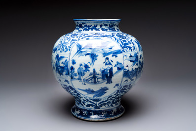 A Chinese blue and white baluster vase with figures and landscapes, Transitional period
