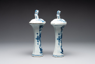 A blue and white Dutch Delft garniture of five vases and covers, 2nd half 18th C.