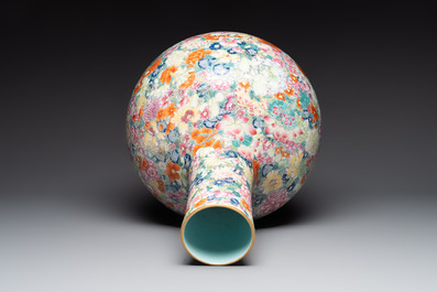 A large Chinese famille rose 'millefleurs' 'tianqiuping' vase, Qianlong mark, 20th C.