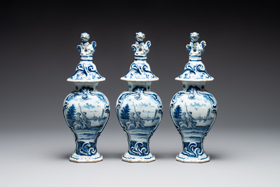 A blue and white Dutch Delft garniture of five vases and covers, 2nd half 18th C.