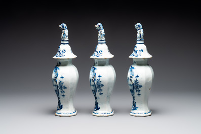 A blue and white Dutch Delft garniture of five vases and covers, 2nd half 18th C.